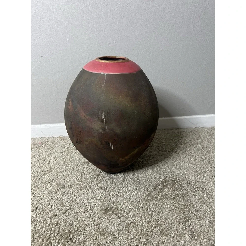 VTG. Raku Pottery Vase Signed Iridescent Earth Tone Finish 1998